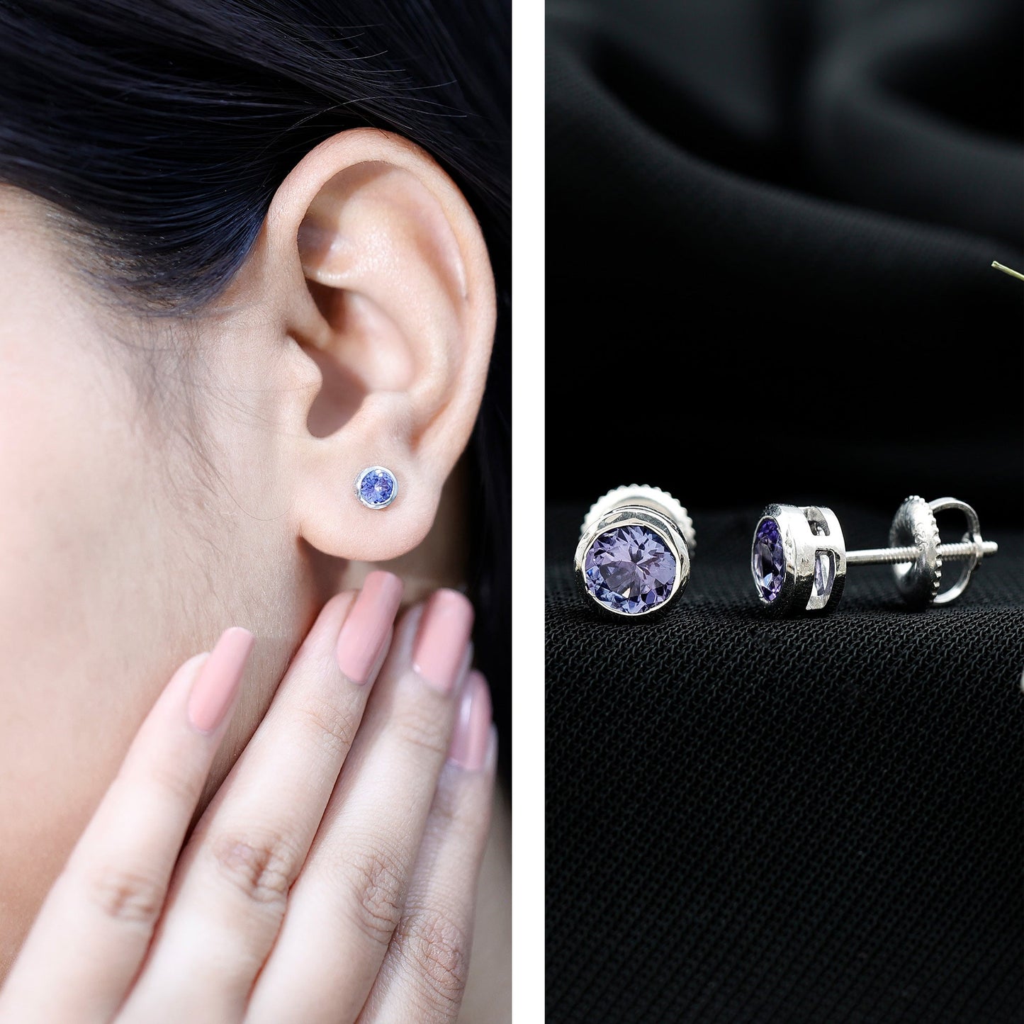 Natural 1 Carat Blue Tanzanite Solitaire Stud Earrings in Bezel Setting