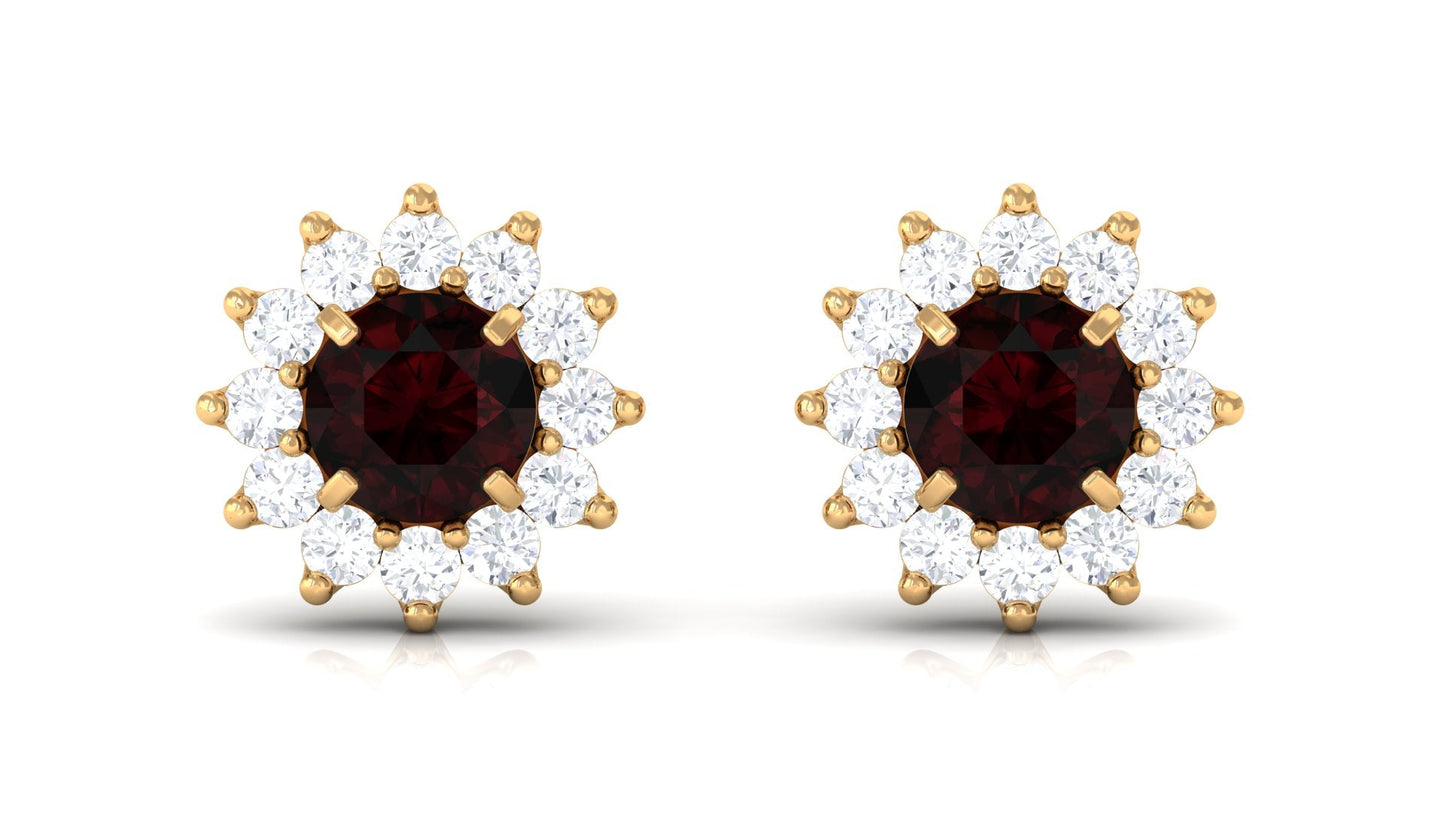 Natural Garnet and Diamond Flower Halo Stud Earrings