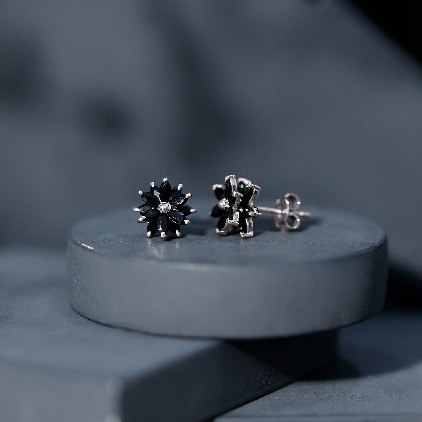 Marquise Shape Black Onyx Floral Statement Stud Earrings
