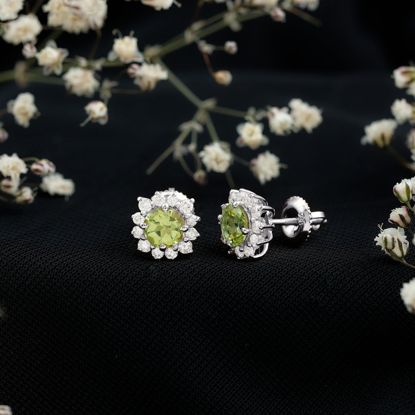 1 Carat Peridot Stud Earrings with Diamond Halo