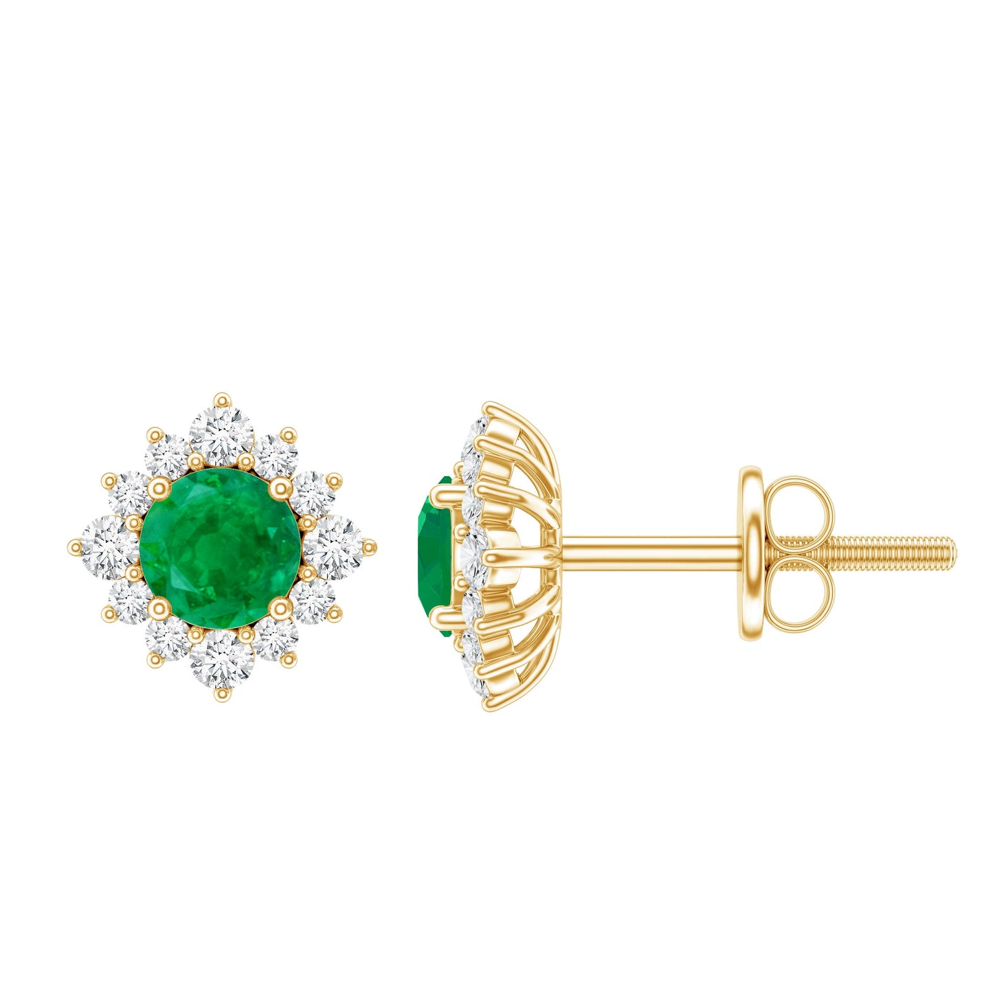 Real Emerald Stud Earrings with Diamond Halo