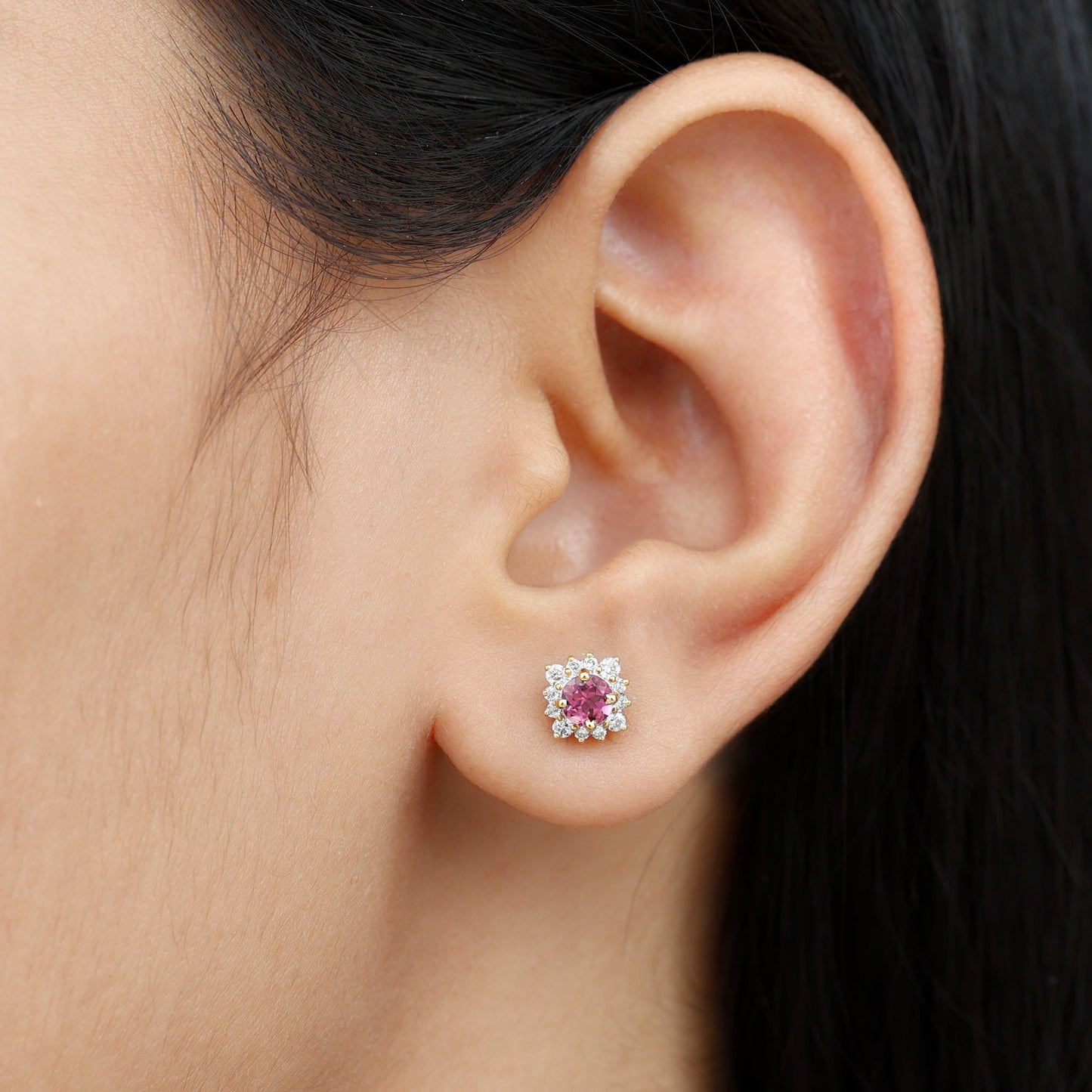 Round Pink Tourmaline Stud Earrings with Diamond Halo