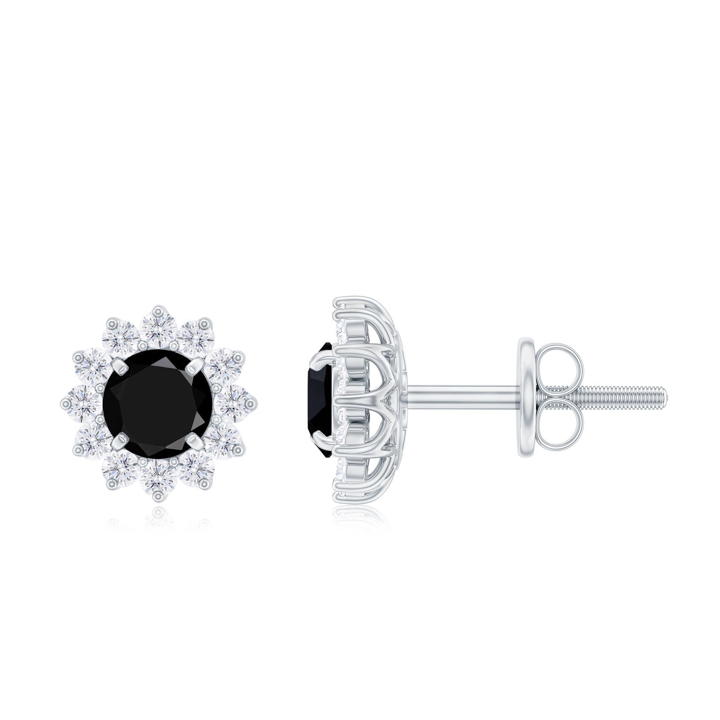 0.9 Carat Black Spinel and Diamond Classic Halo Stud Earrings