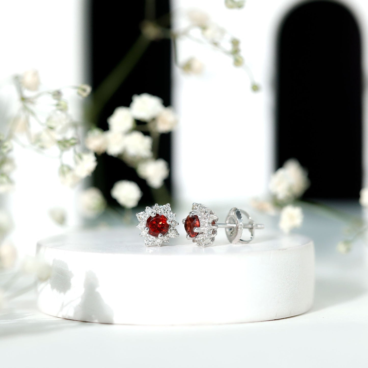 0.6 Carat Garnet Classic Stud Earrings with Diamond Halo