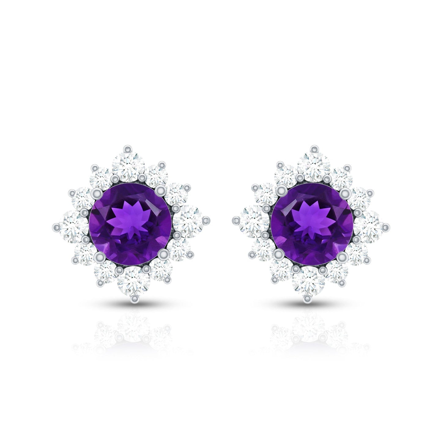 Genuine Amethyst Stud Earrings with Diamond Halo