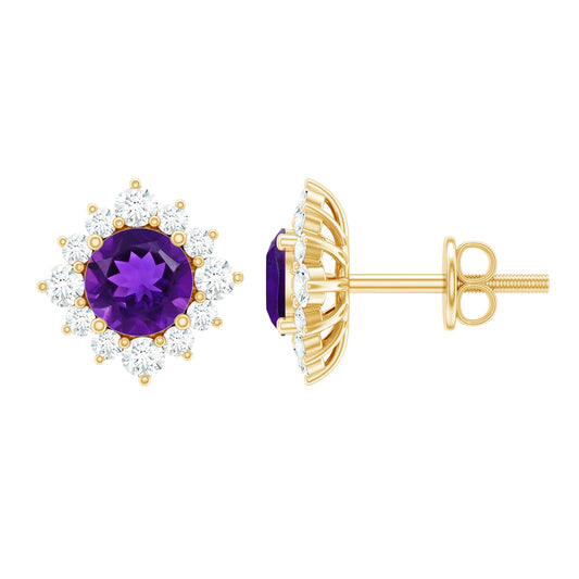Genuine Amethyst Stud Earrings with Diamond Halo
