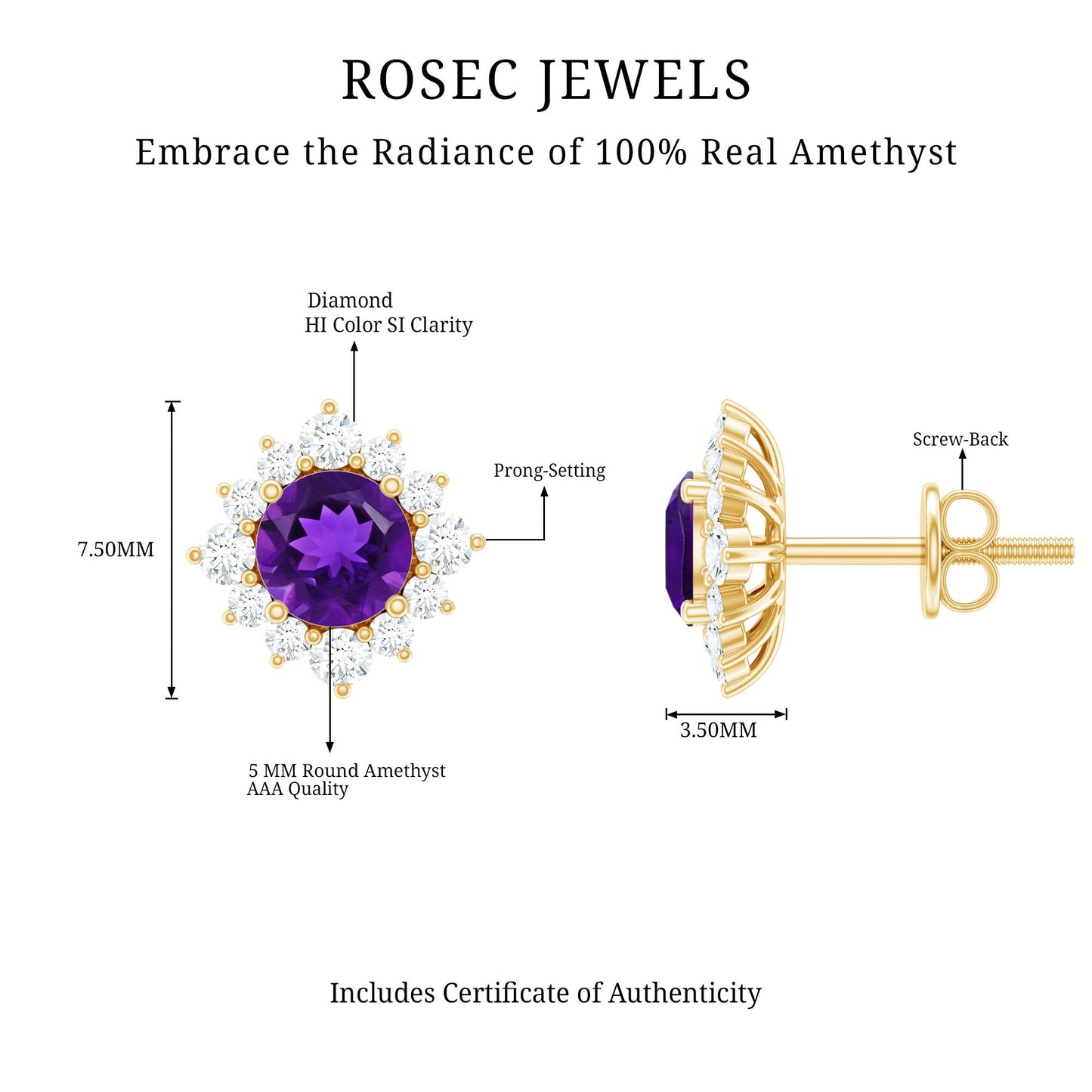 Genuine Amethyst Stud Earrings with Diamond Halo