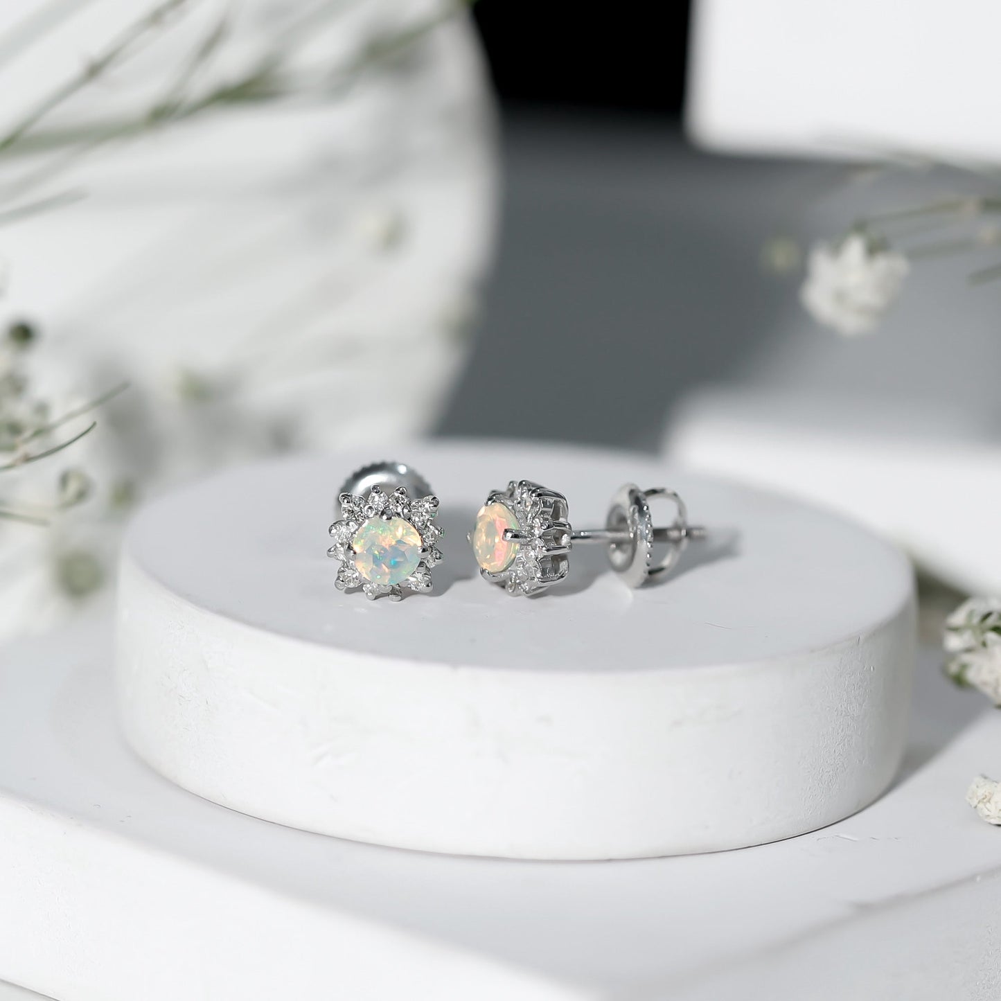 Classic Ethiopian Opal Stud Earrings with Diamond Halo