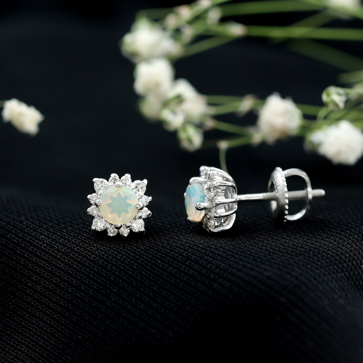 Classic Ethiopian Opal Stud Earrings with Diamond Halo