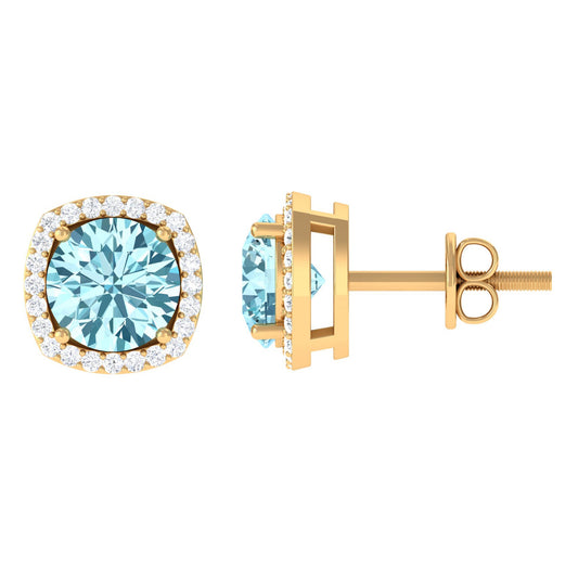 Natural Aquamarine Bridal Stud Earrings with Diamond Halo