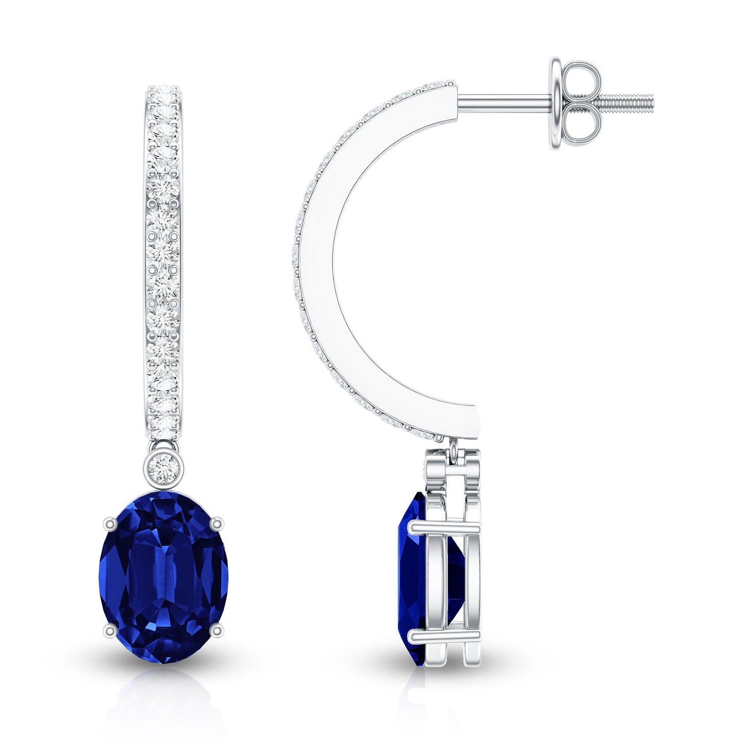 Oval Lab Created Blue Sapphire and Moissanite Hoop Drop Earrings