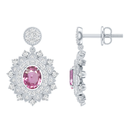 Genuine Pink Sapphire and Diamond Bridal Dangle Earrings
