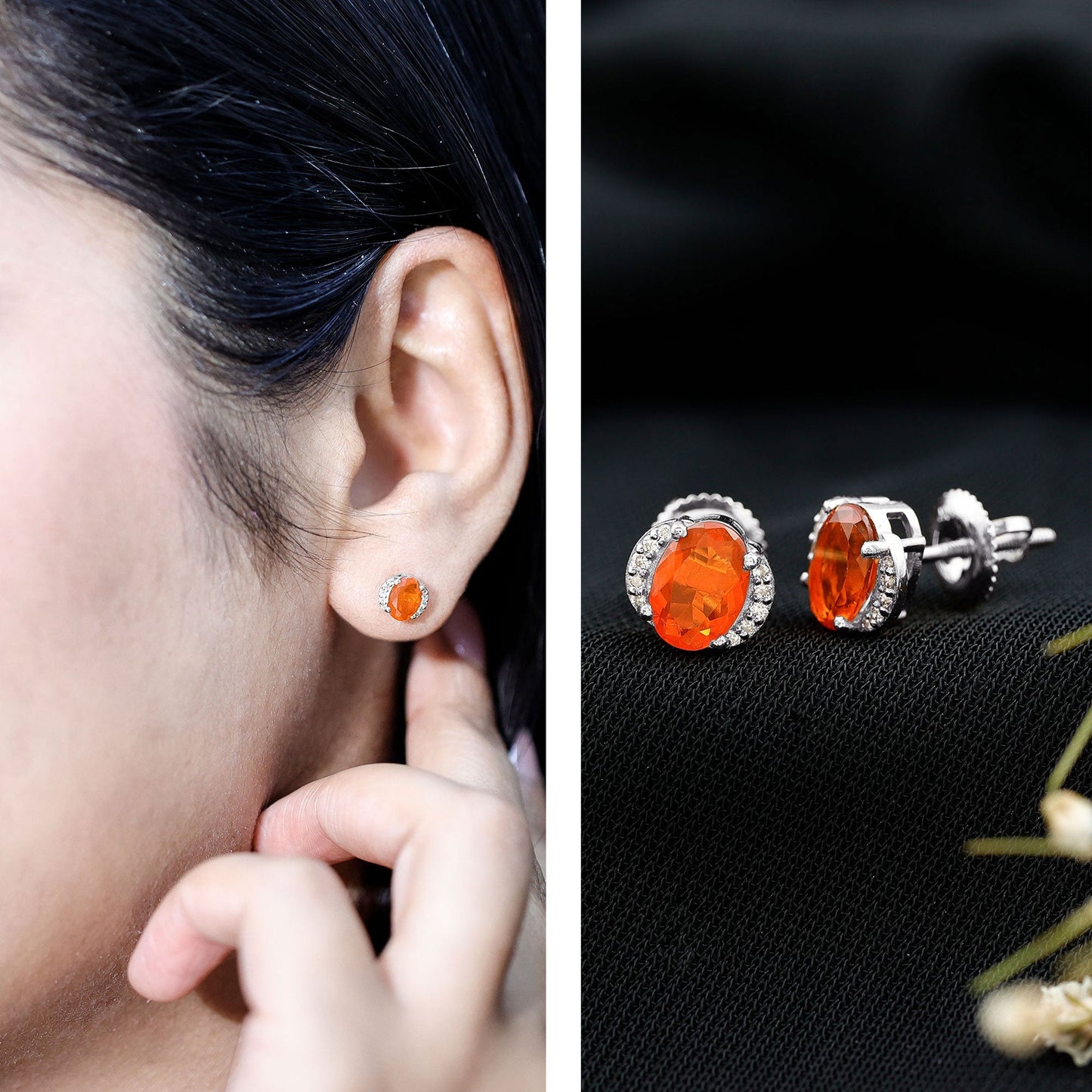 Orange Fire Opal Solitaire Stud Earrings with Diamond