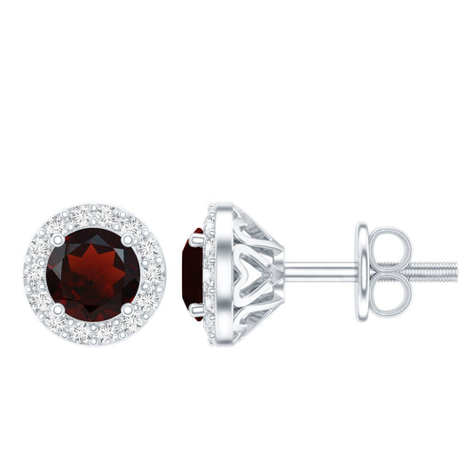 Genuine Garnet Stud Earrings with Lab Grown Diamond Halo