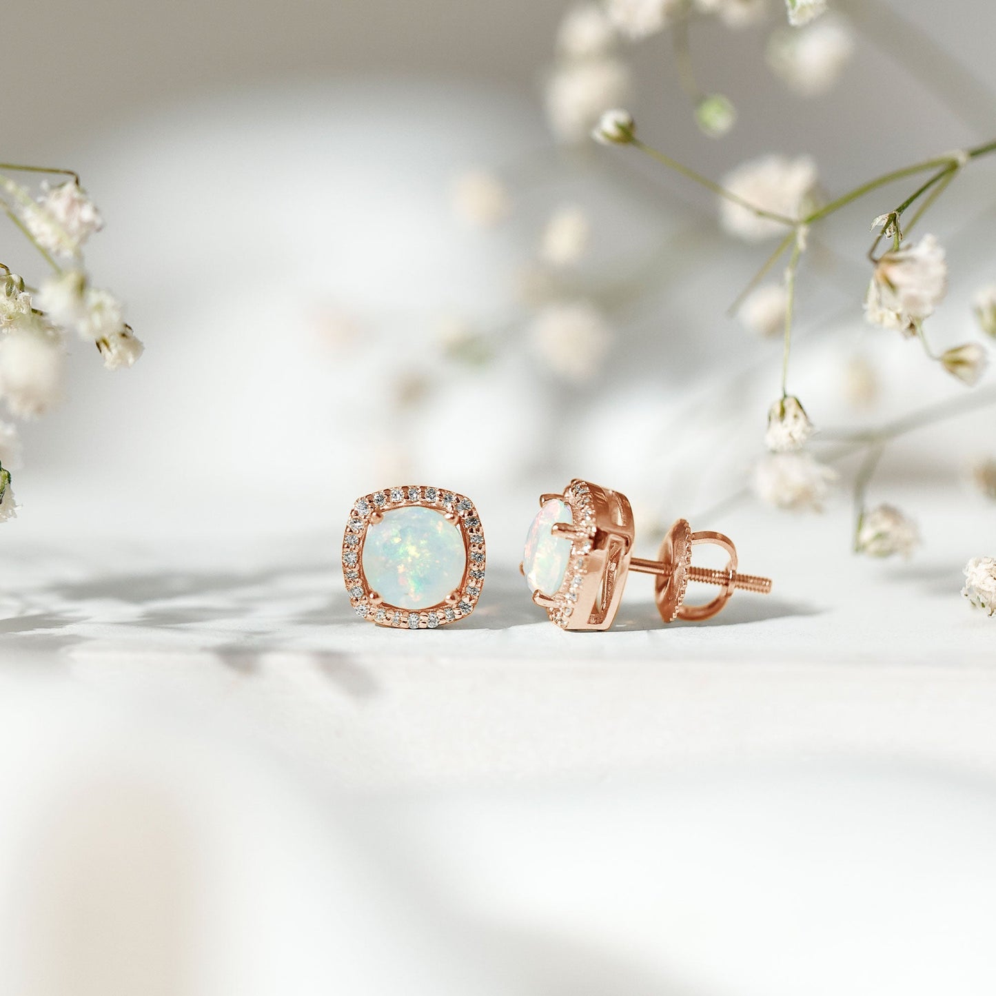 Real 1.6 Carat Ethiopian Opal and Diamond Halo Stud Earrings