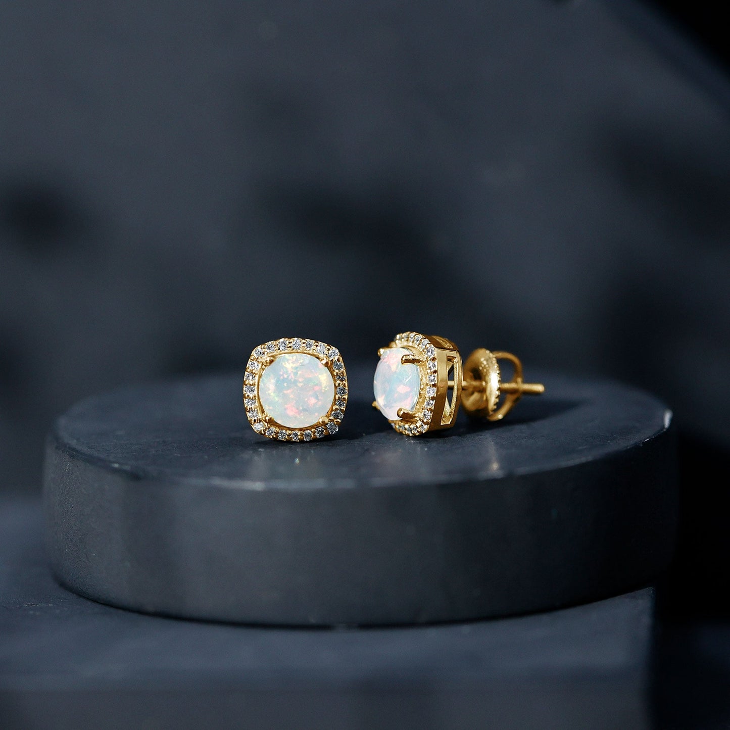 Real 1.6 Carat Ethiopian Opal and Diamond Halo Stud Earrings