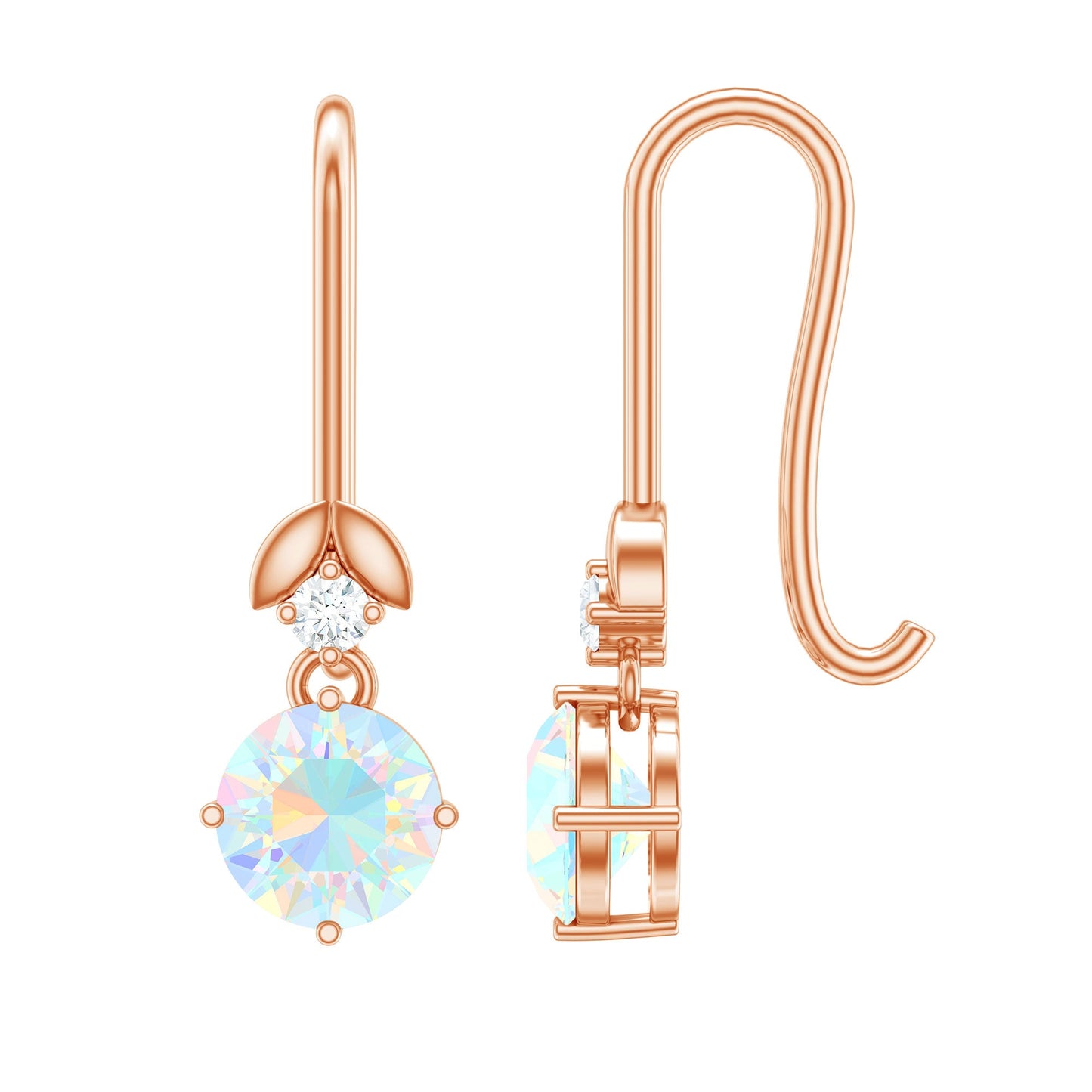 Round Ethiopian Opal and Diamond Drop Earrings with Fish Hook