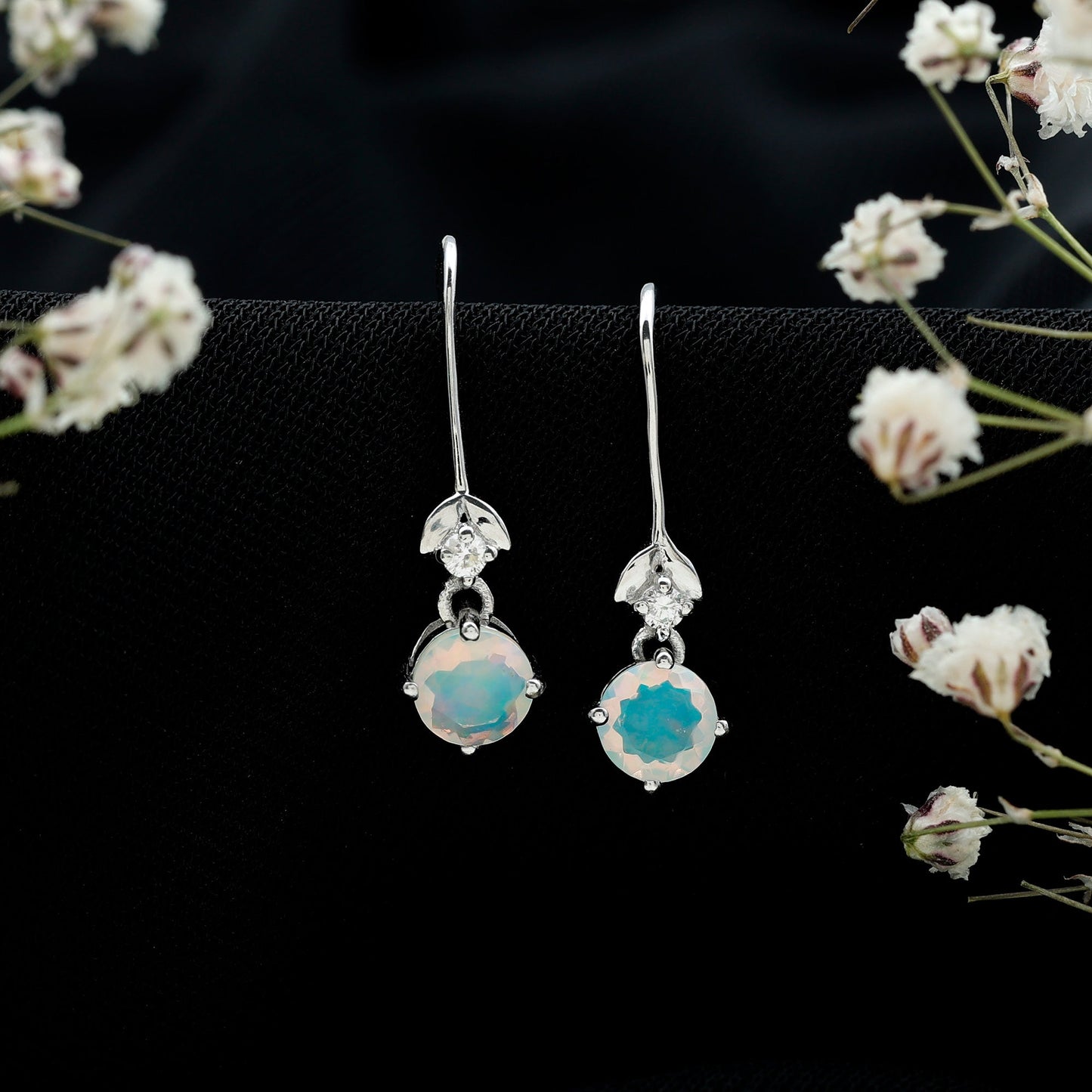 Round Ethiopian Opal and Diamond Drop Earrings with Fish Hook
