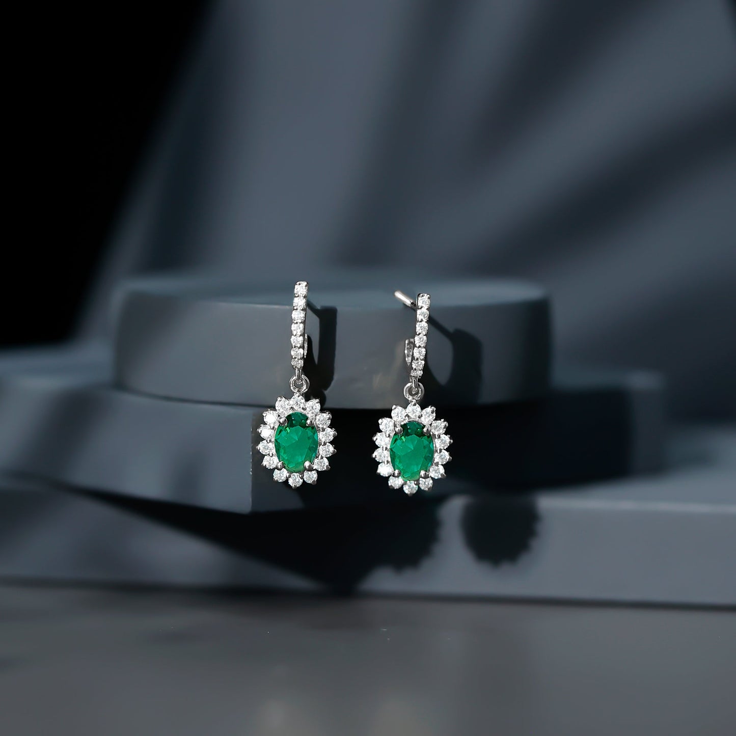 1.7 Carat Oval Shape Lab Grown Emerald Drop Earrings with Diamond