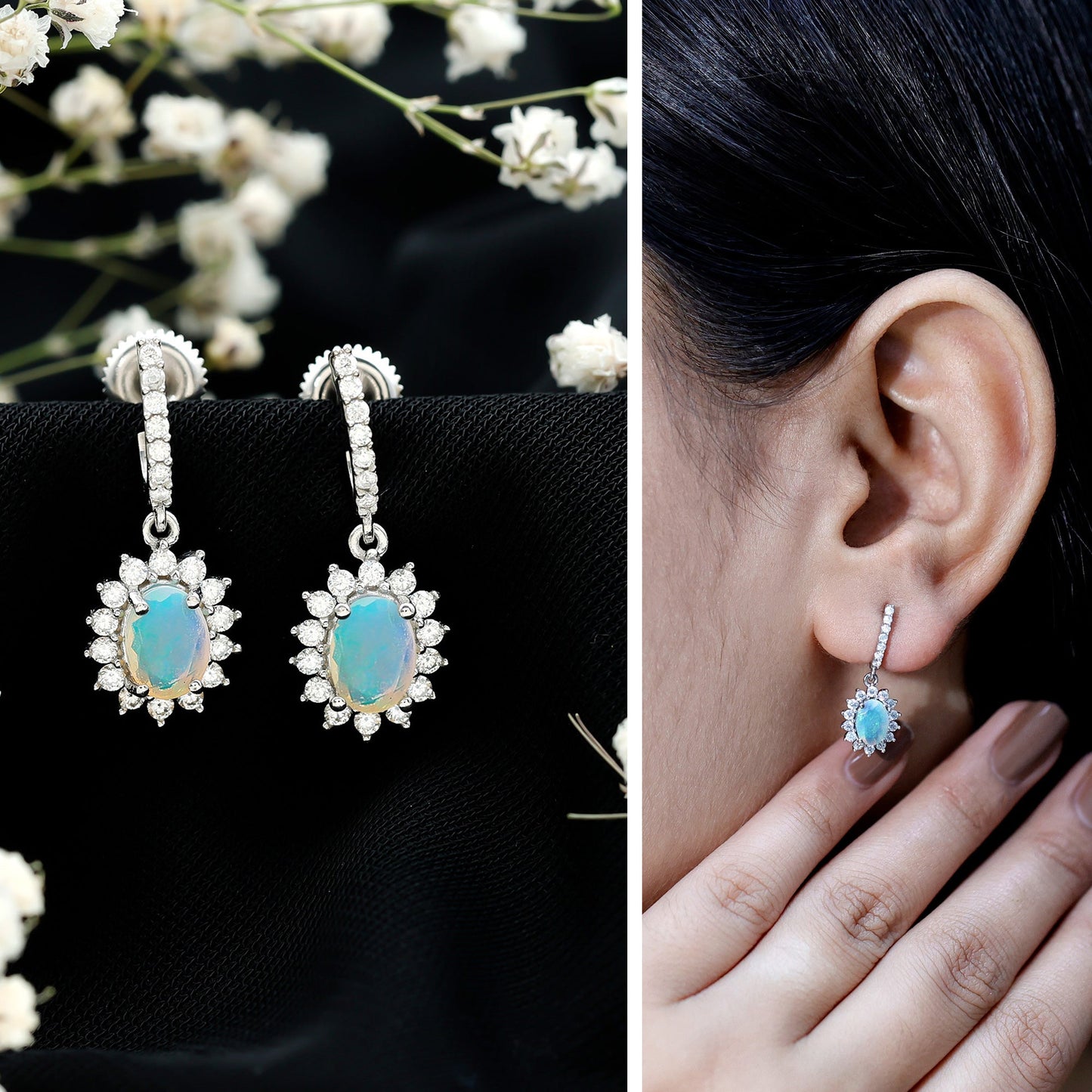 Certified 1.8 Carat Oval Ethiopian Opal Drop Earrings with Certificate