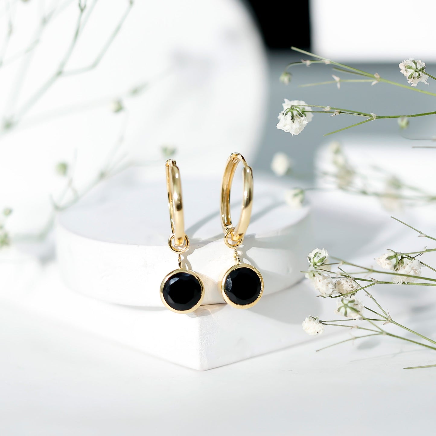 Bezel Set Black Onyx Hinged Hoop Drop Earrings