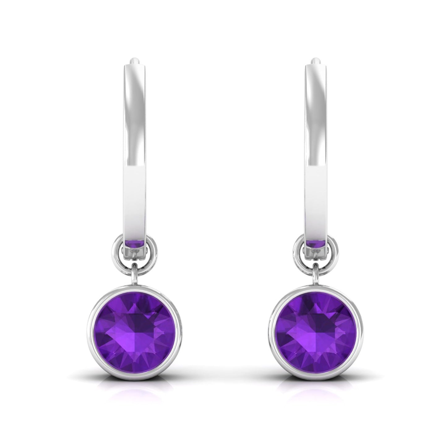 Certified Natural Amethyst Hoop Drop Earrings in Bezel Setting