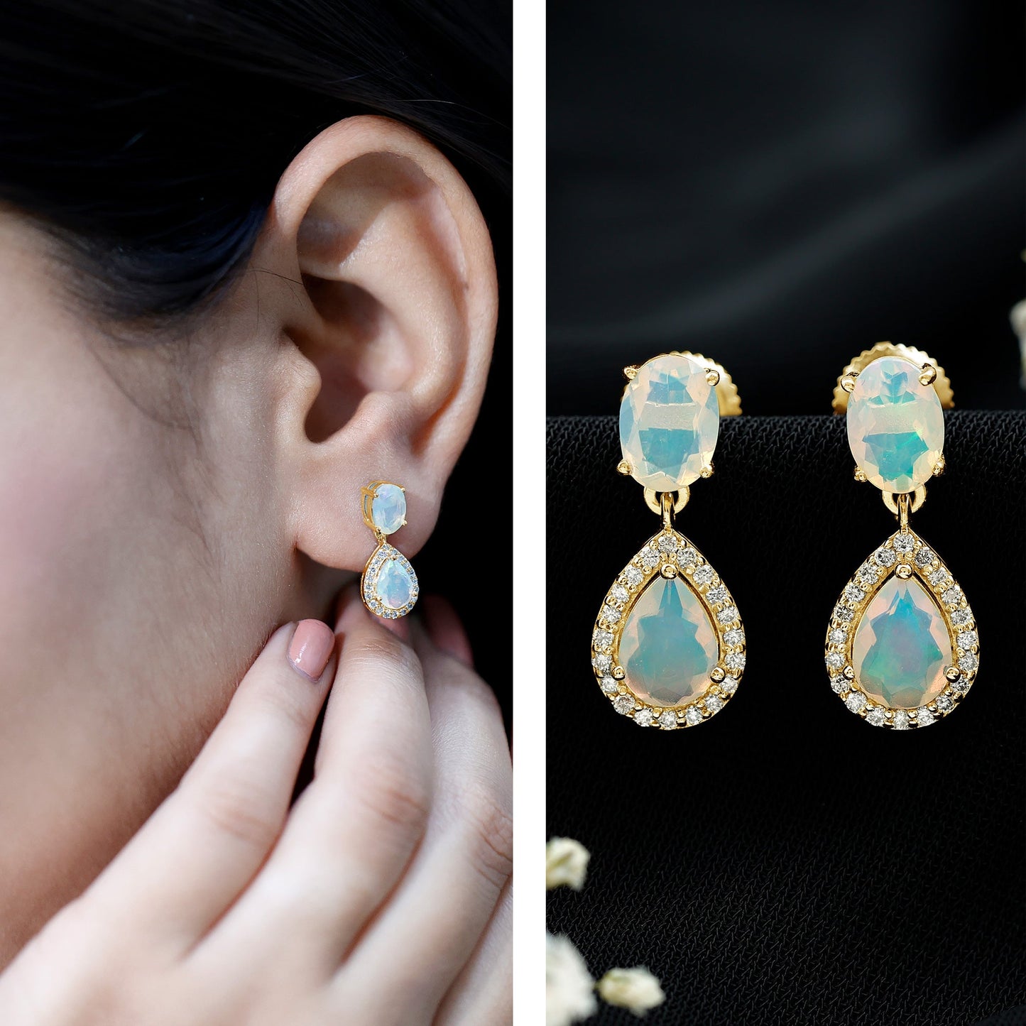 Genuine 1.8 Carat Ethiopian Opal Drop Dangle Earrings with Diamond Halo