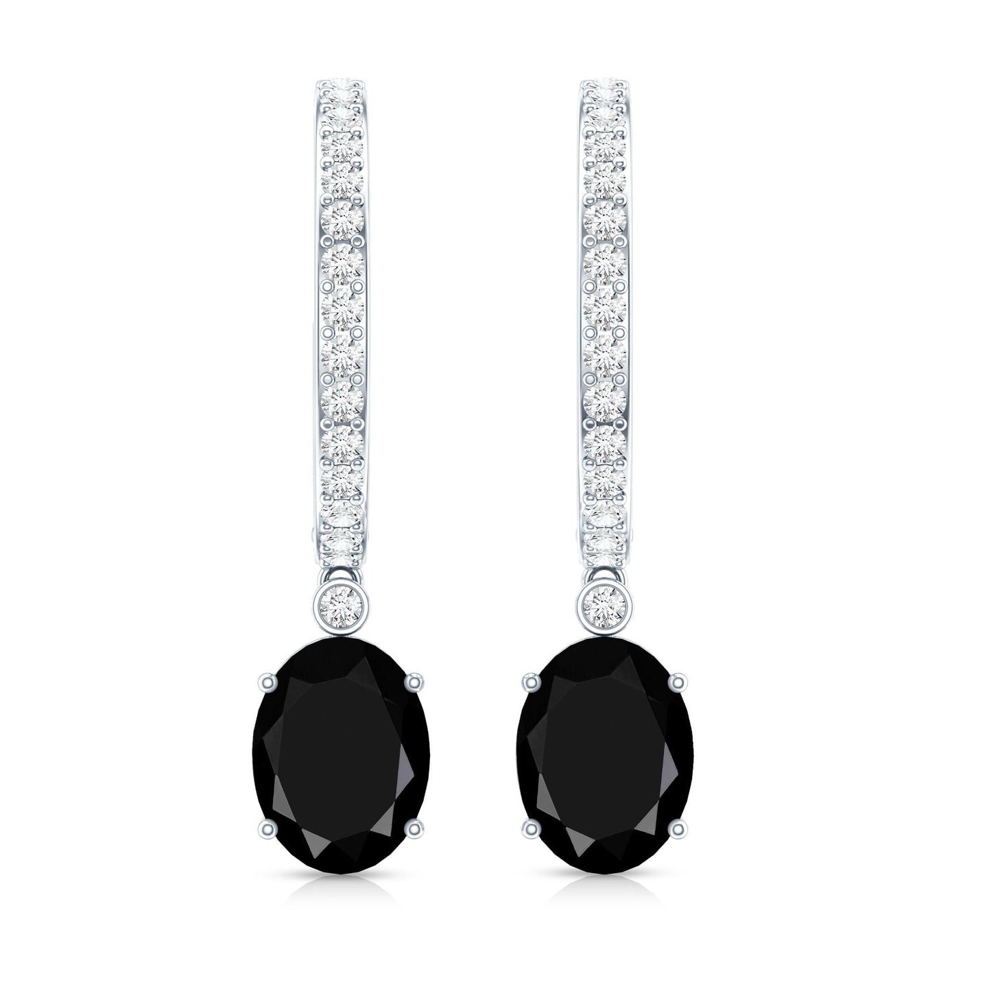 Natural 2.2 Carat Oval Black Onyx Hoop Drop Earrings with Diamond