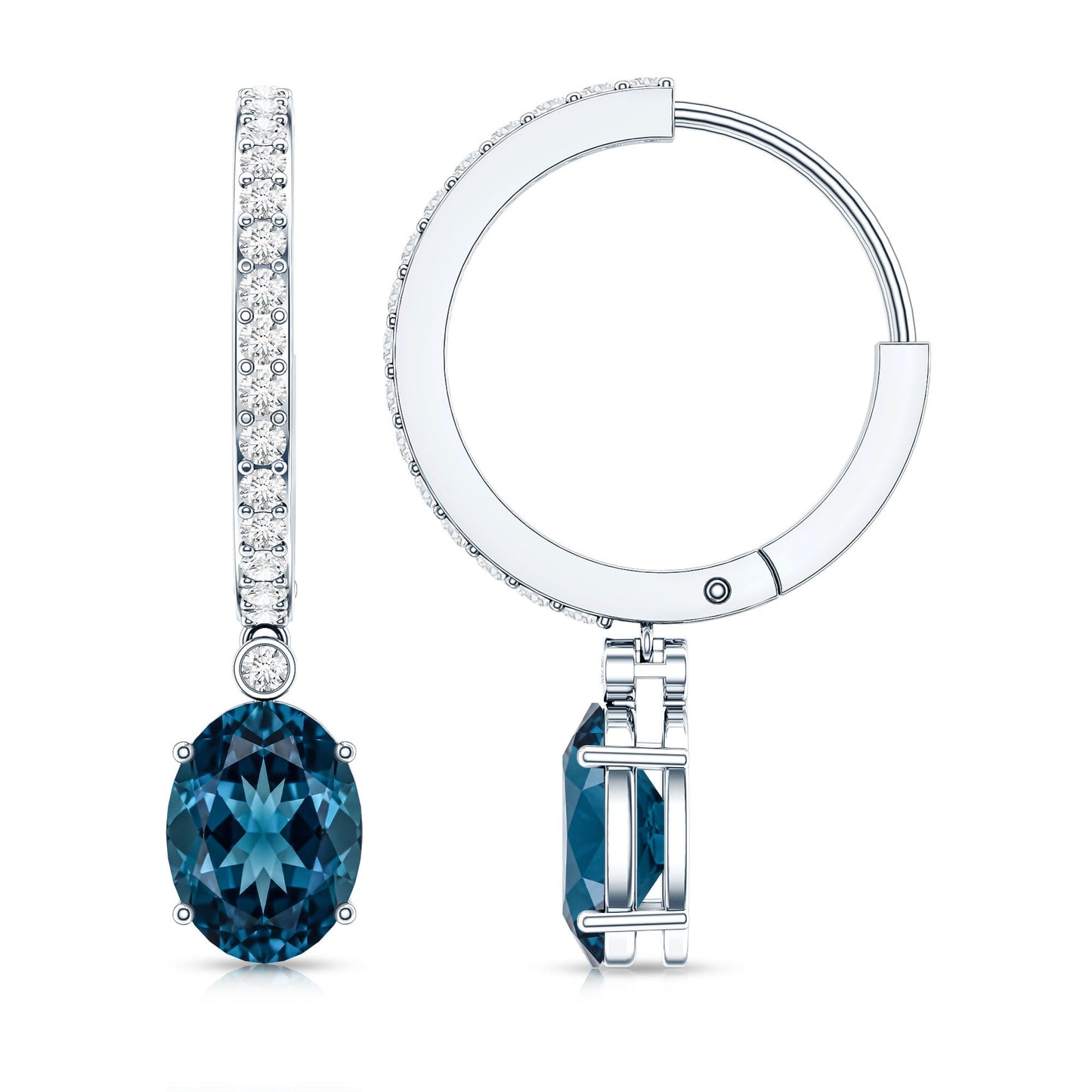 Natural Oval 2.2 Carat London Blue Topaz Drop hoop Earrings with Diamond