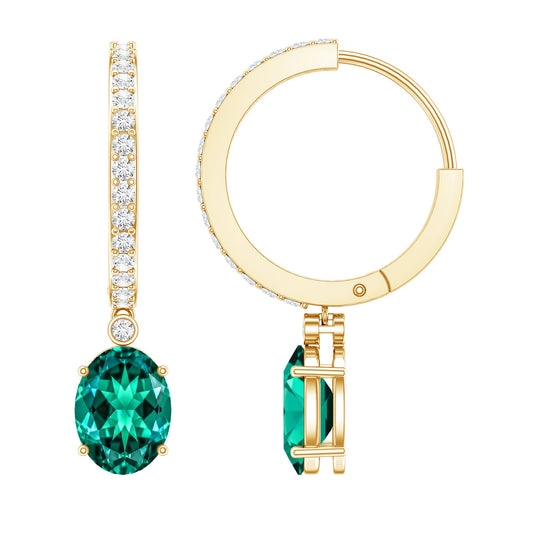 2.5 Carat Oval Cut Lab Grown Emerald and Diamond Hoop Earrings