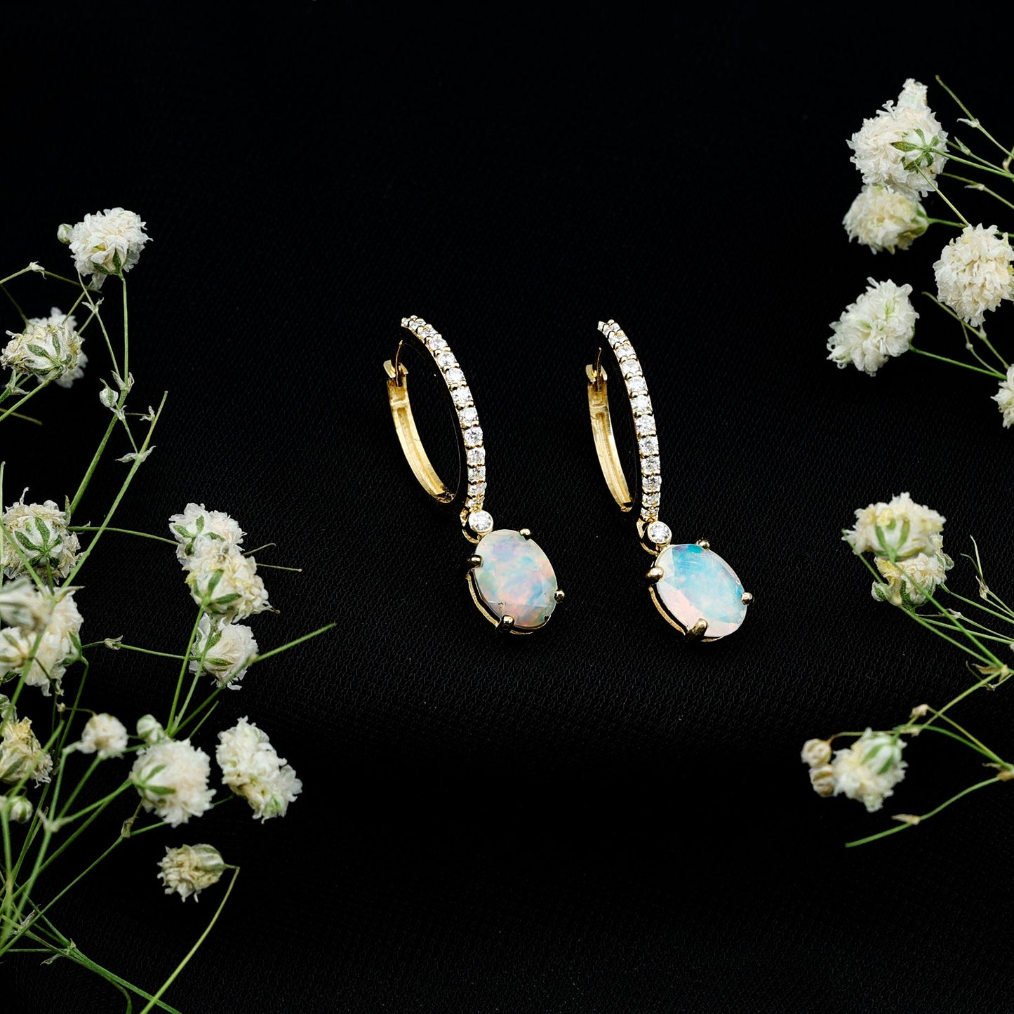 Oval Ethiopian Opal Drop Earrings with Moissanite Hoop