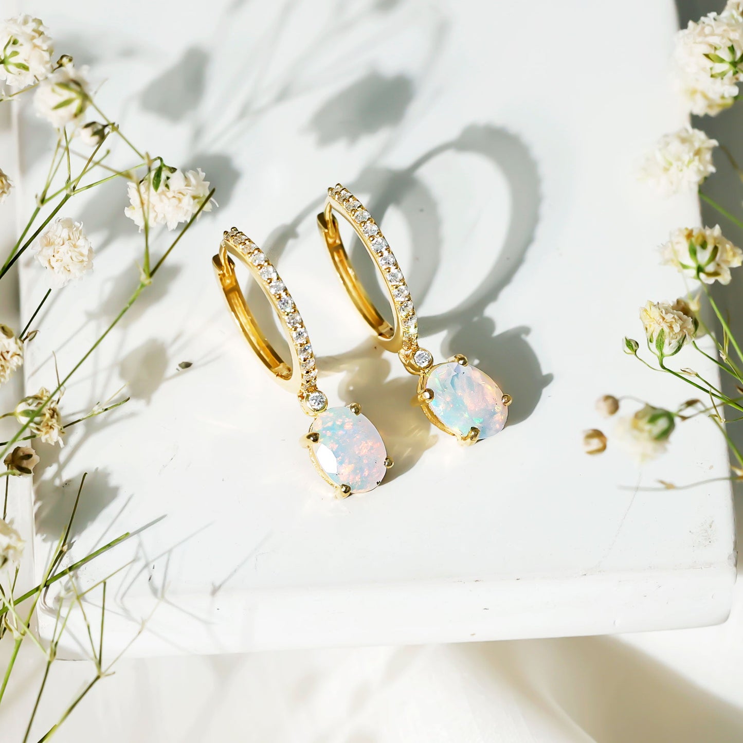 Oval Ethiopian Opal Drop Earrings with Moissanite Hoop
