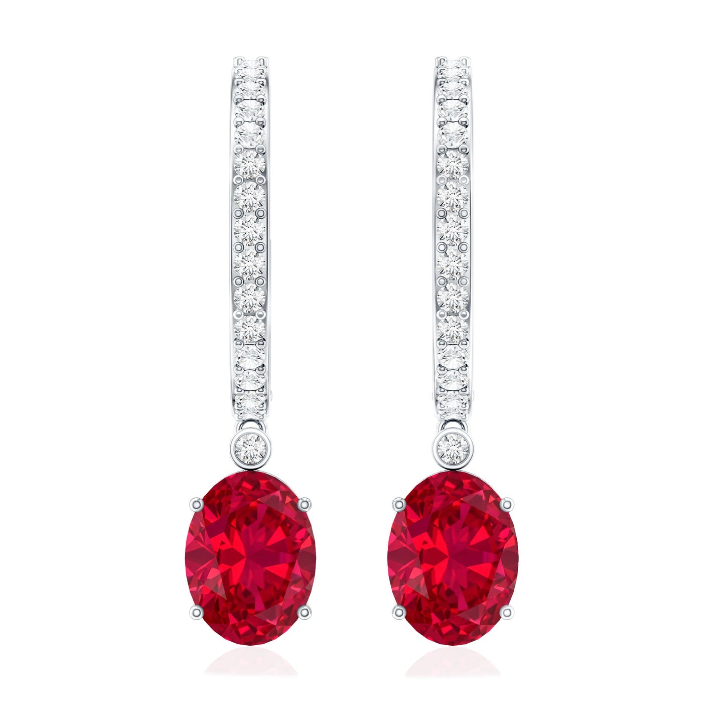 Oval Cut Lab Created Ruby Hoop Drop Earrings with Diamonds