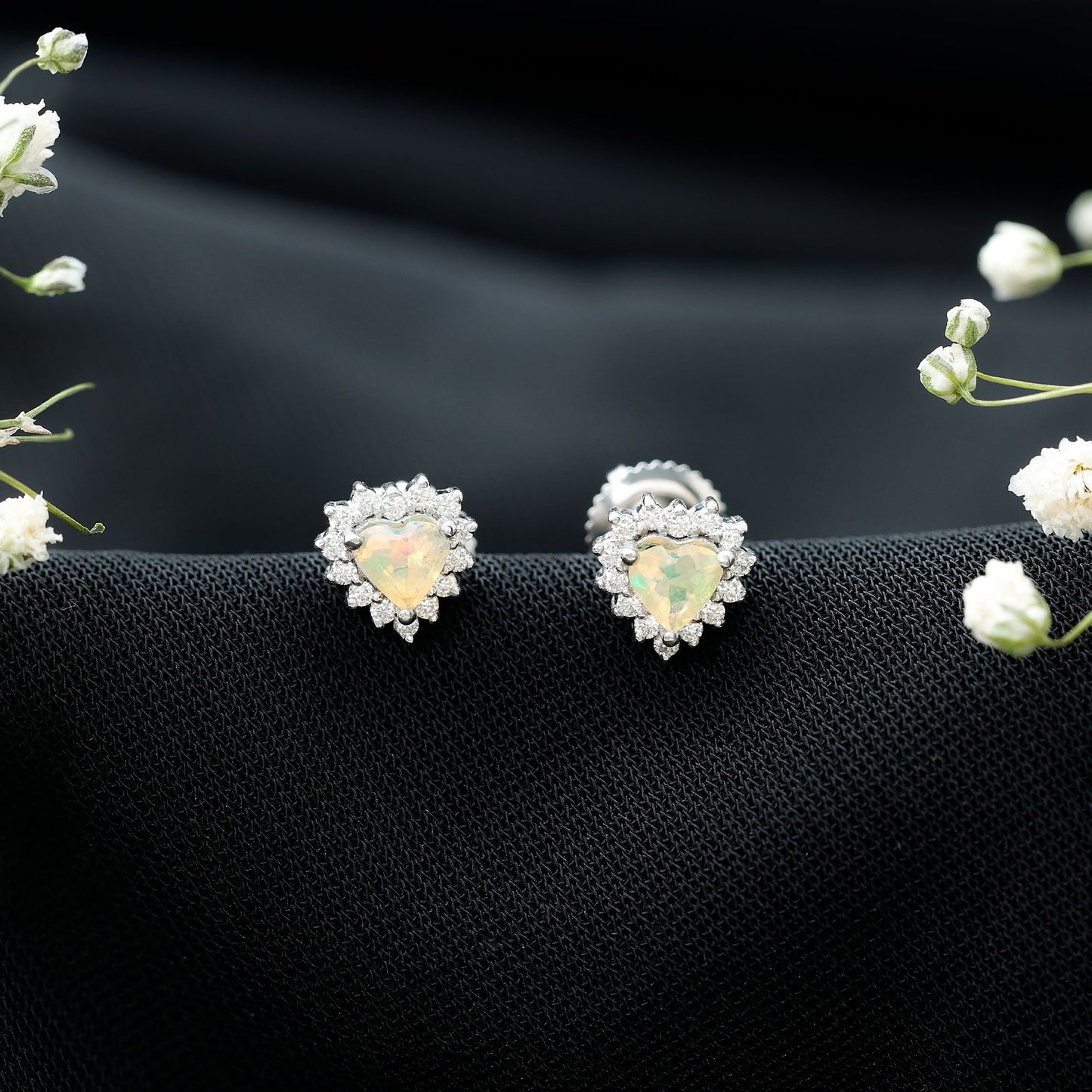 1.5 Carat Natural Ethiopian Opal Heart Earrings with Diamond Halo