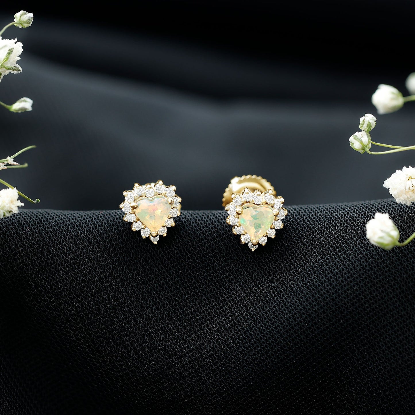 1.5 Carat Natural Ethiopian Opal Heart Earrings with Diamond Halo