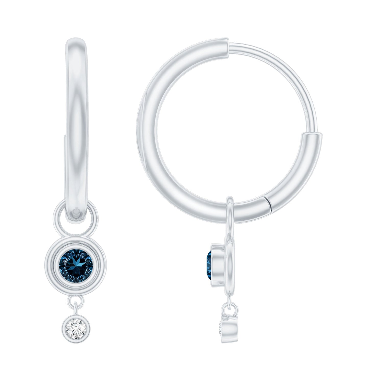 Bezel Set London Blue Topaz and Lab Diamond Hoop Drop Earrings
