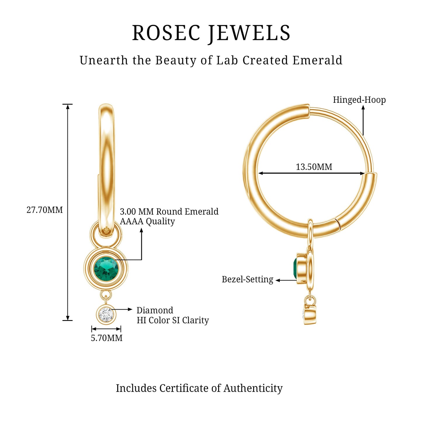 Certified Lab Grown Emerald and Diamond Drop Hoop Earrings