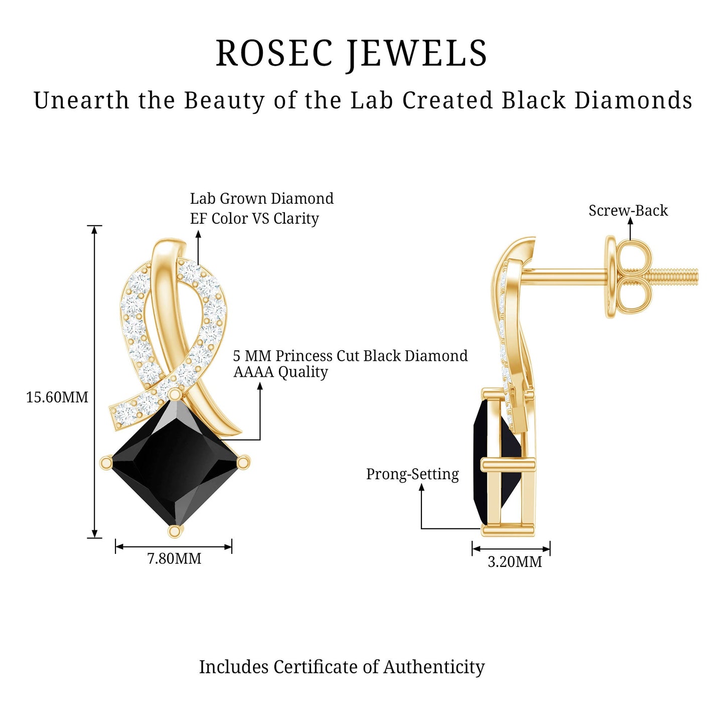 Lab Grown Black Diamond Minimal Stud Earrings With Screw Back