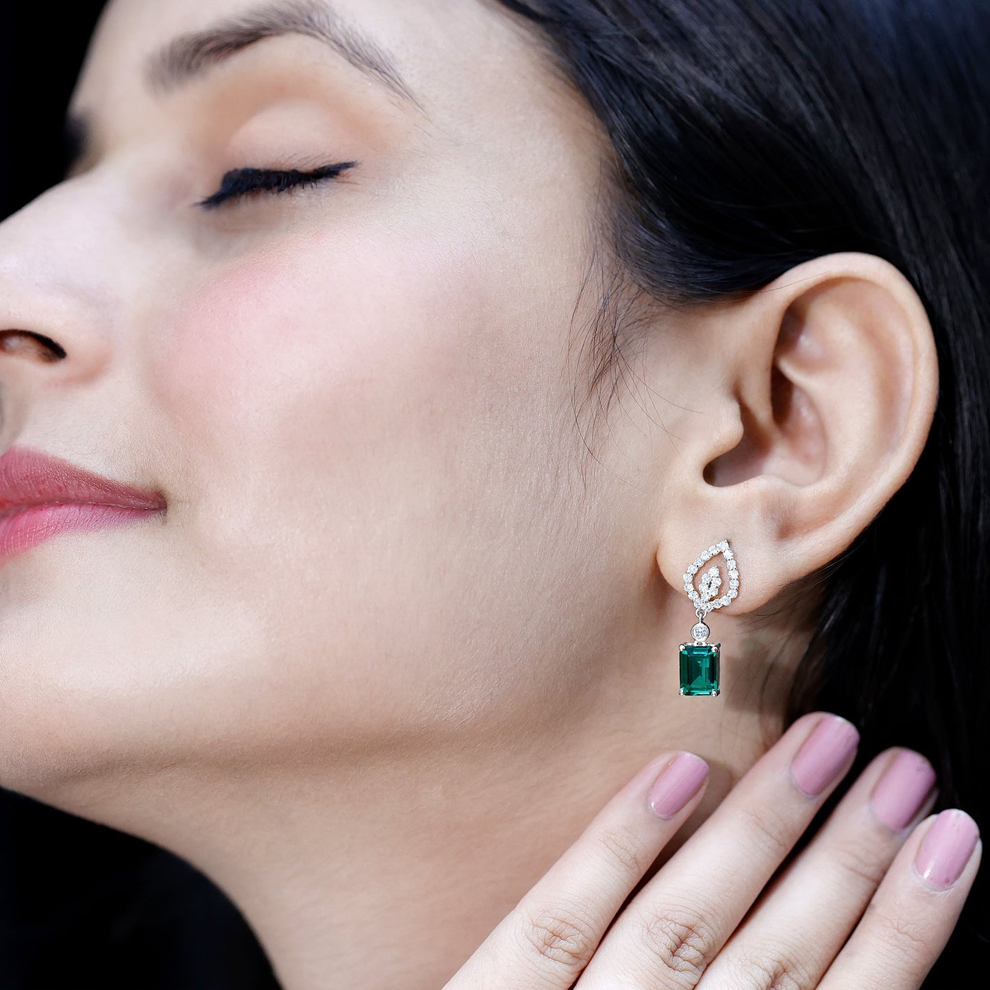 Art Deco Lab Grown Emerald Diamond Drop Earrings With Screw Back