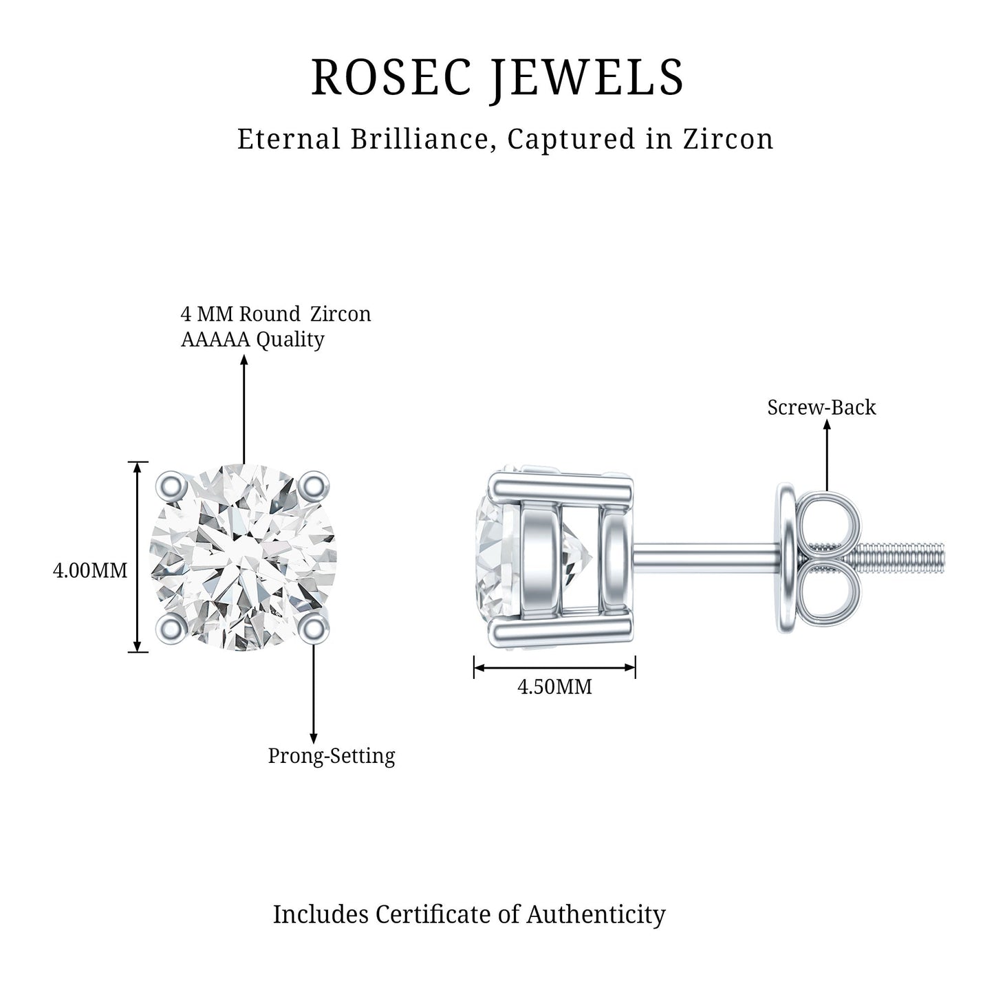 Certified Cubic Zirconia Half Carat Stud Earrings with Screw Back