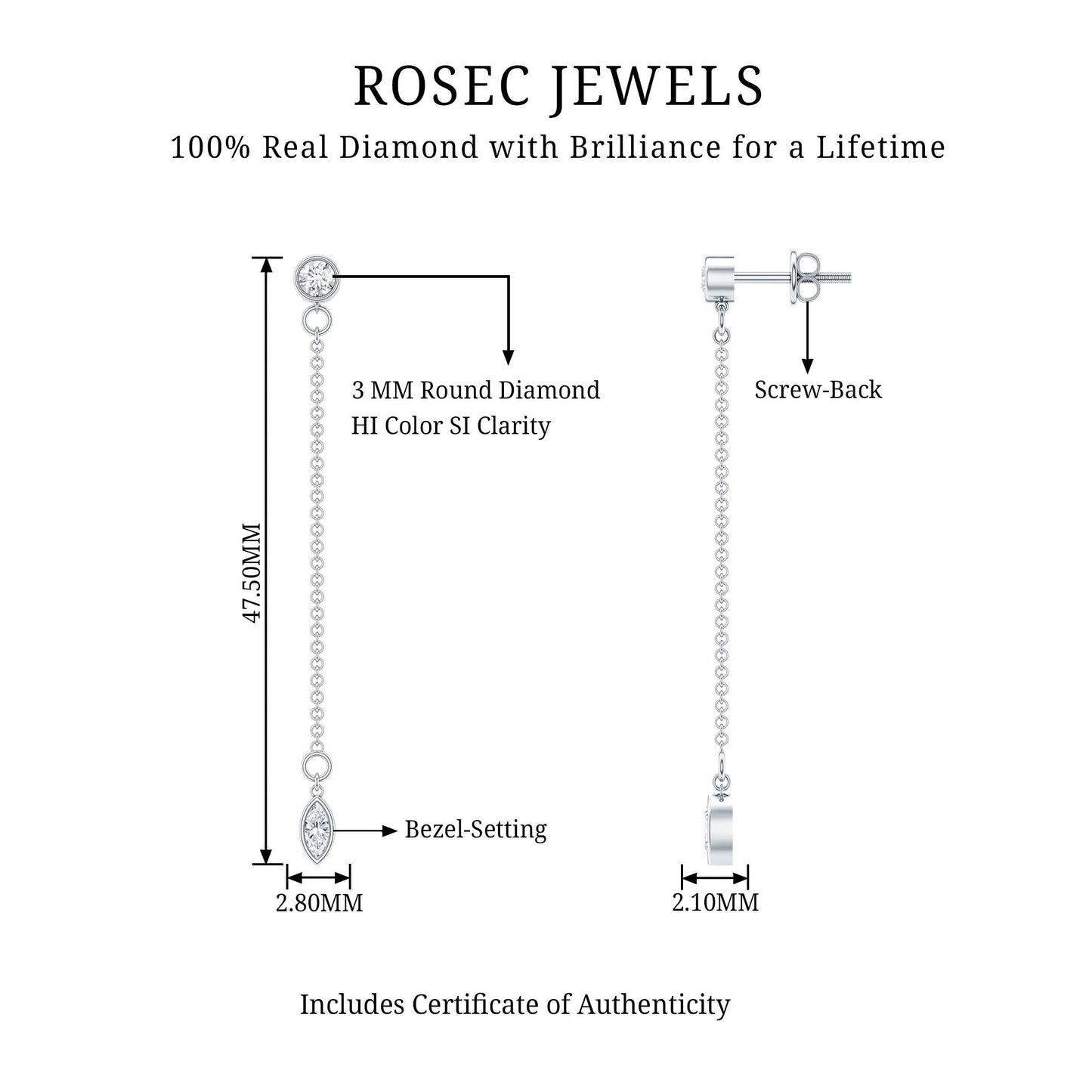 Certified Diamond Dangle Chain Earrings in Bezel Setting