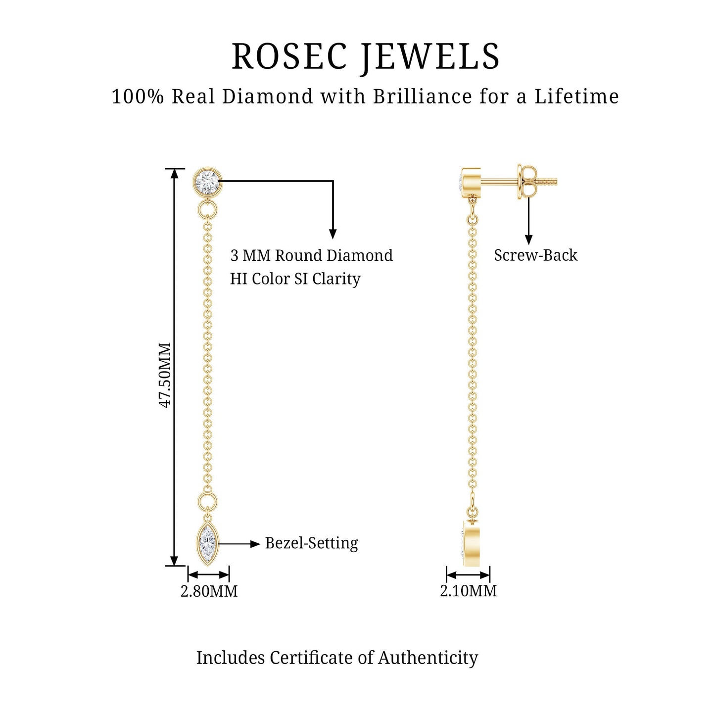 Certified Diamond Dangle Chain Earrings in Bezel Setting