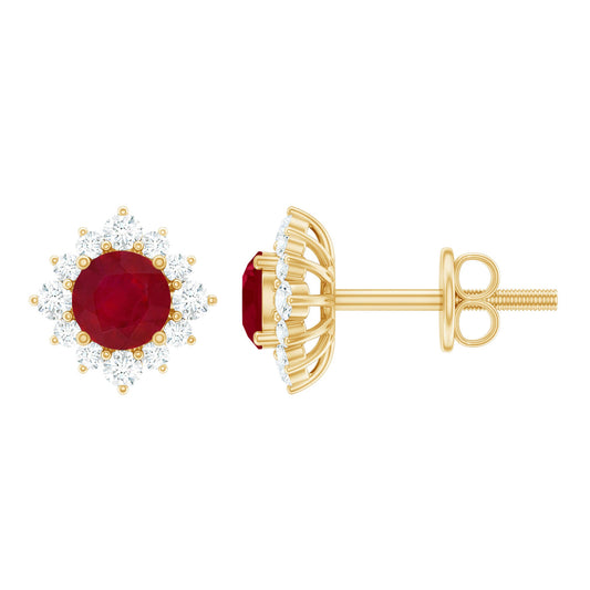 Natural Ruby Stud Earrings with Diamond Halo