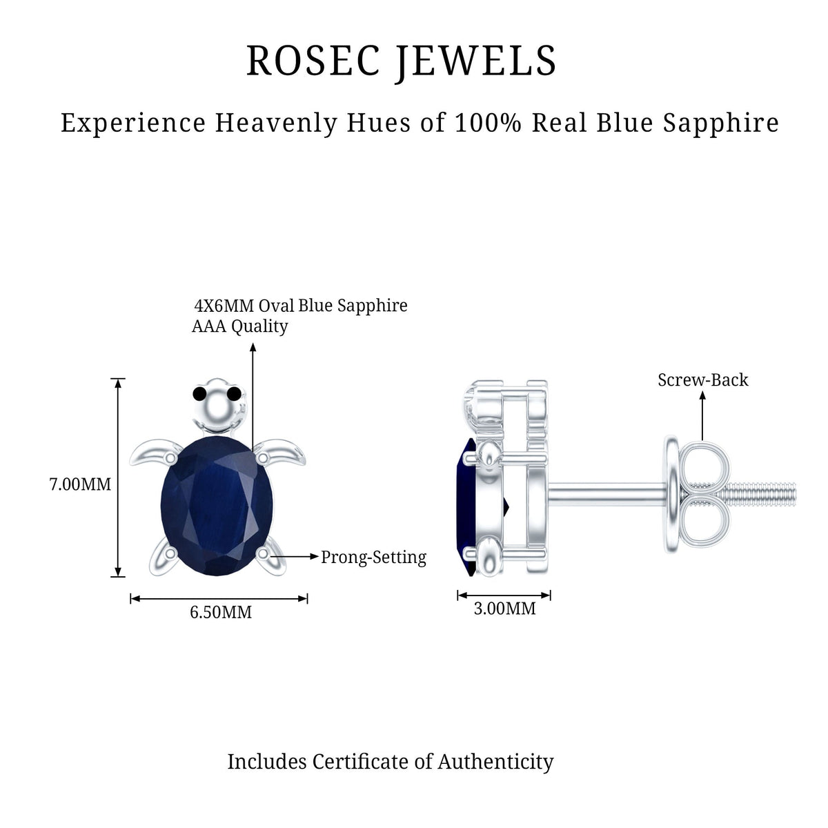 1.2 Carat Oval Cut Blue Sapphire Sea Turtle Earrings