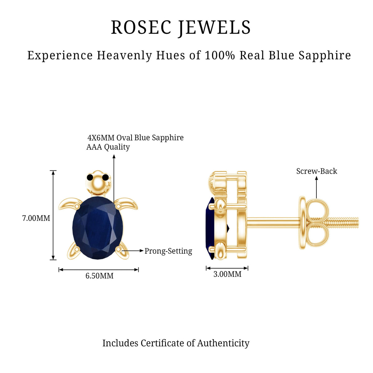 1.2 Carat Oval Cut Blue Sapphire Sea Turtle Earrings