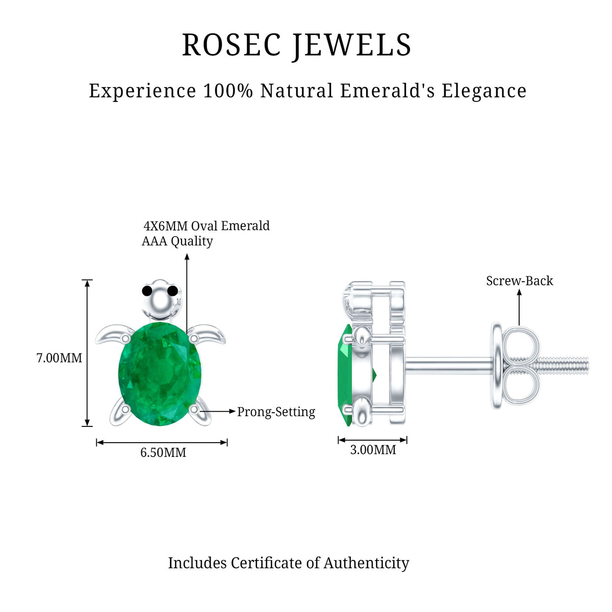Oval Shaped Emerald Turtle Stud Earrings