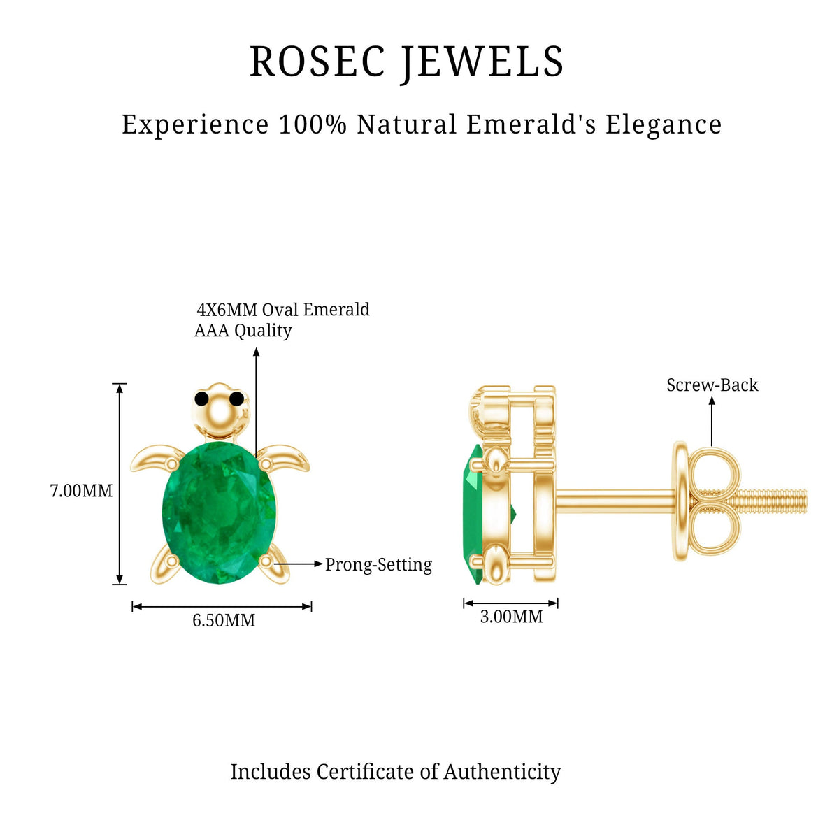 Oval Shaped Emerald Turtle Stud Earrings