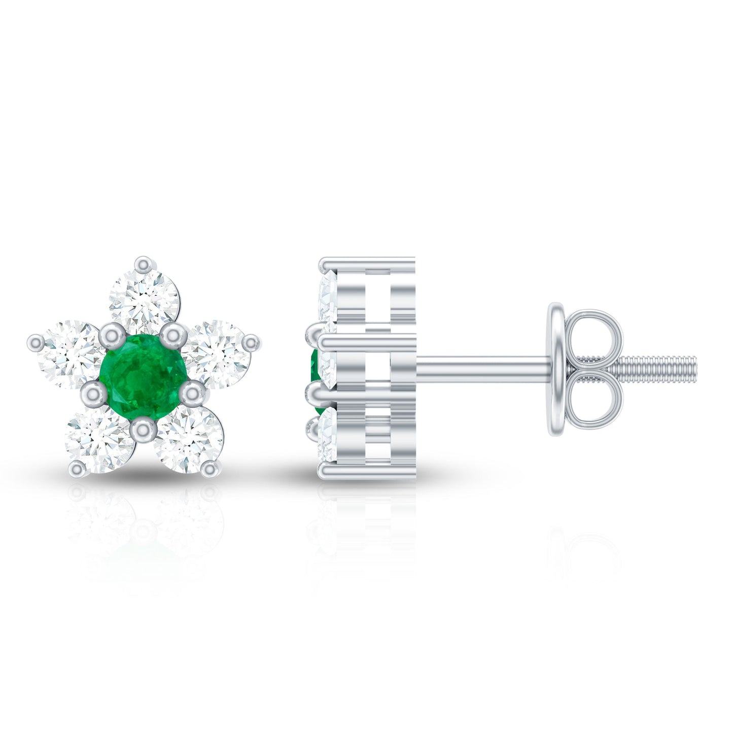 Real Emerald and Diamond Flower Cluster Stud Earrings