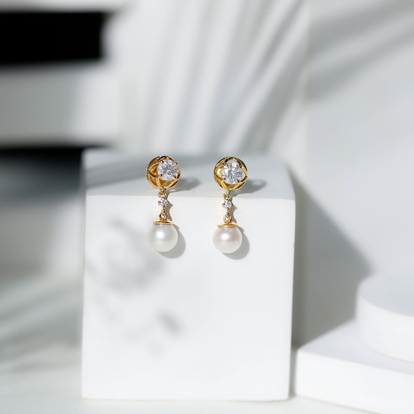 6 Carat Freshwater Pearl Flower Drop Earrings with Moissanite