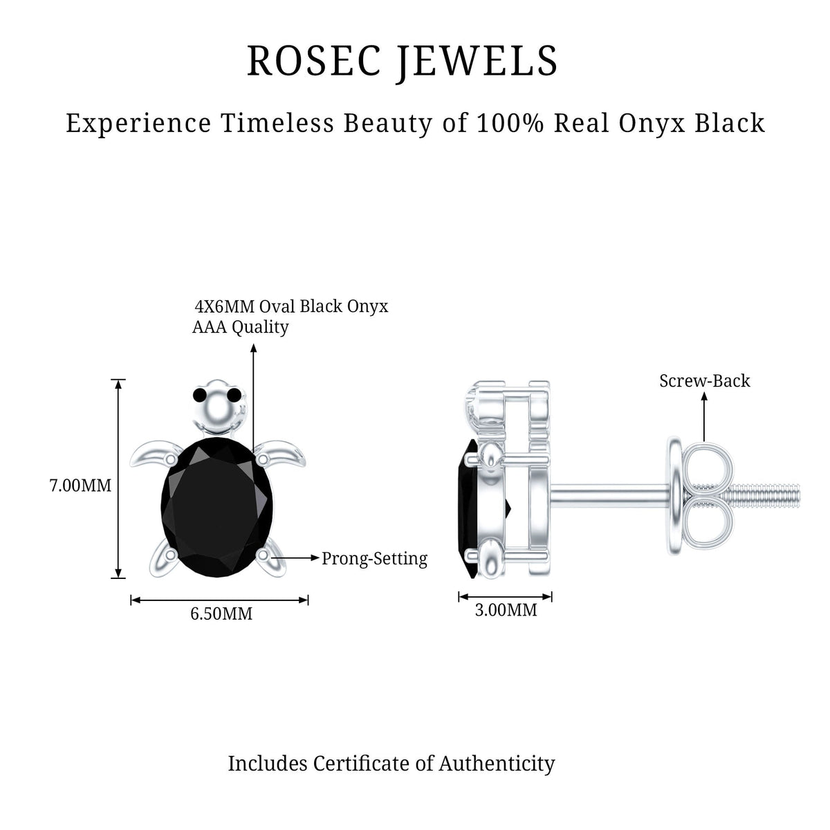 Oval Shaped Black Onyx Turtle Stud Earrings